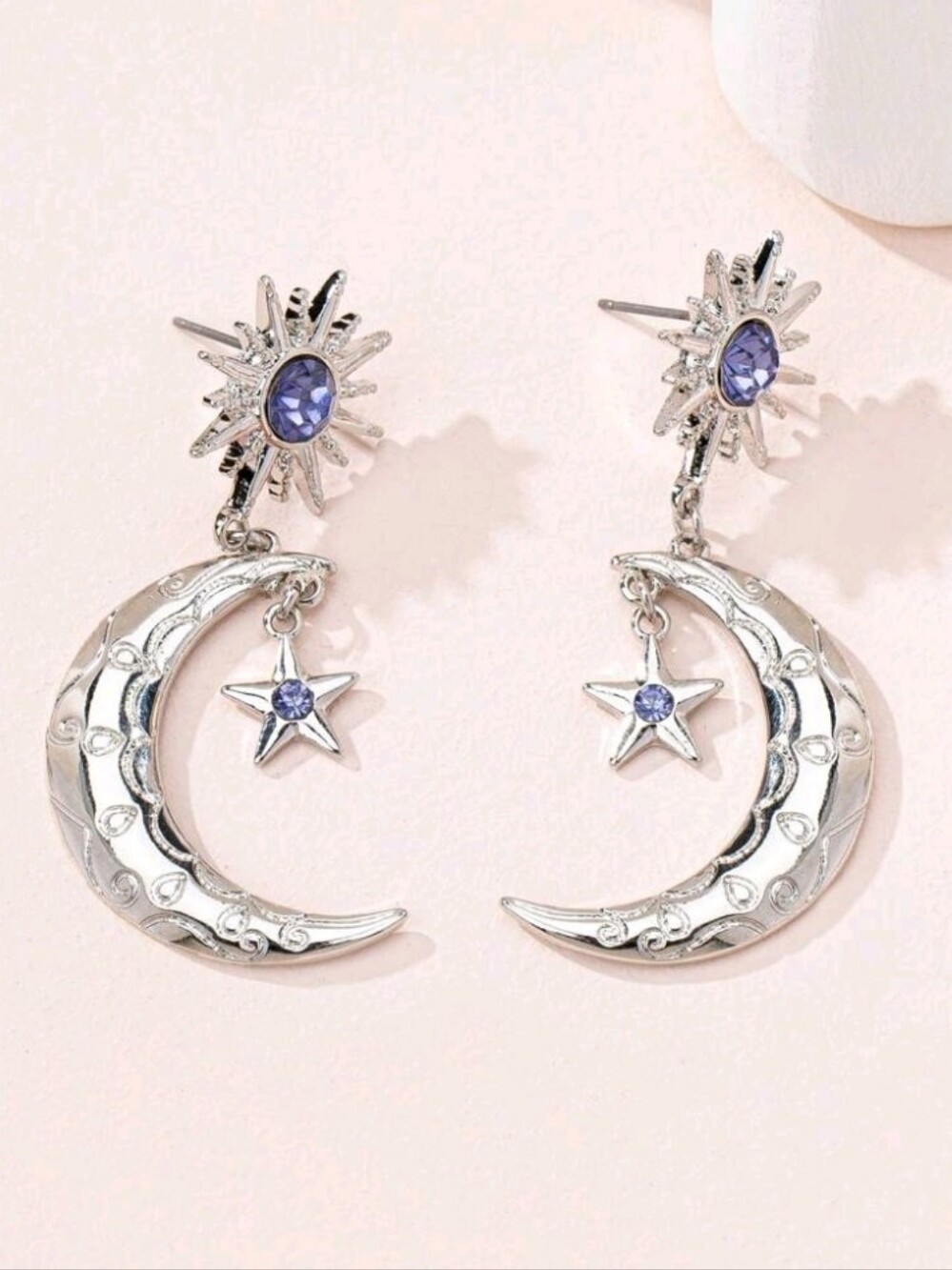 NEW! Silver Celestial Moon & Star Drop Post Earrings with Purple Crystal Accent